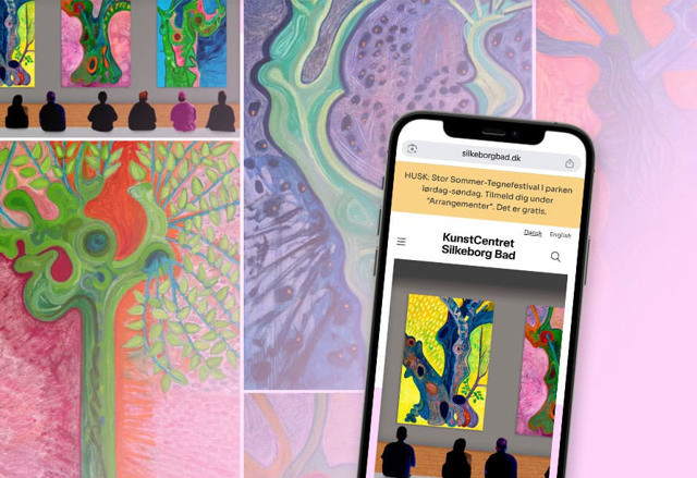 Collage af malerier med telefon der viser KunstCentret Silkeborg Bads nye hjemmeside.