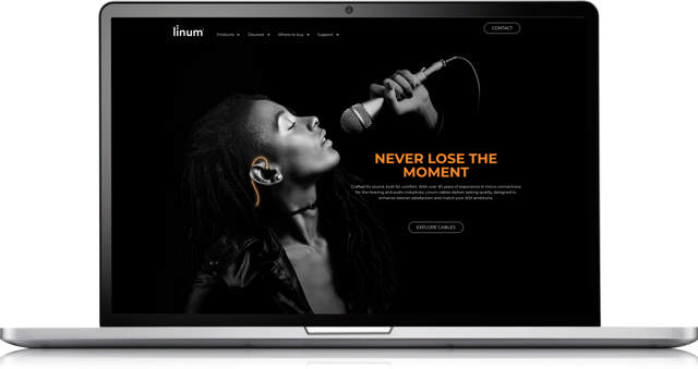 En bærbar computer viser en hjemmeside med et luftfoto af en stor industribygning. Nedenunder er der sektioner for produkter, medarbejderfotos og kataloger.