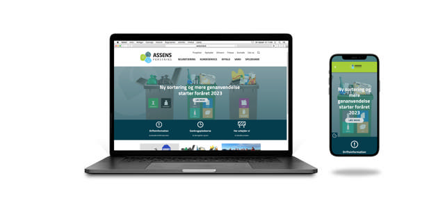 Mockup af en computerskærm med Assens forsynings hjemmeside på