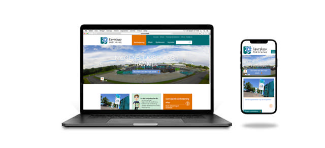 Mockup af en computerskærm med Favrskov forsynings hjemmeside på