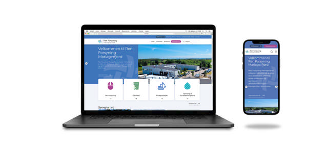 Mockup af en computerskærm med Ren Forsyning Mariagerfjords hjemmeside på