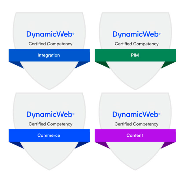 DynamicWeb partner kompetencer badges, herunder Integration, PIM, Commerce og content. 